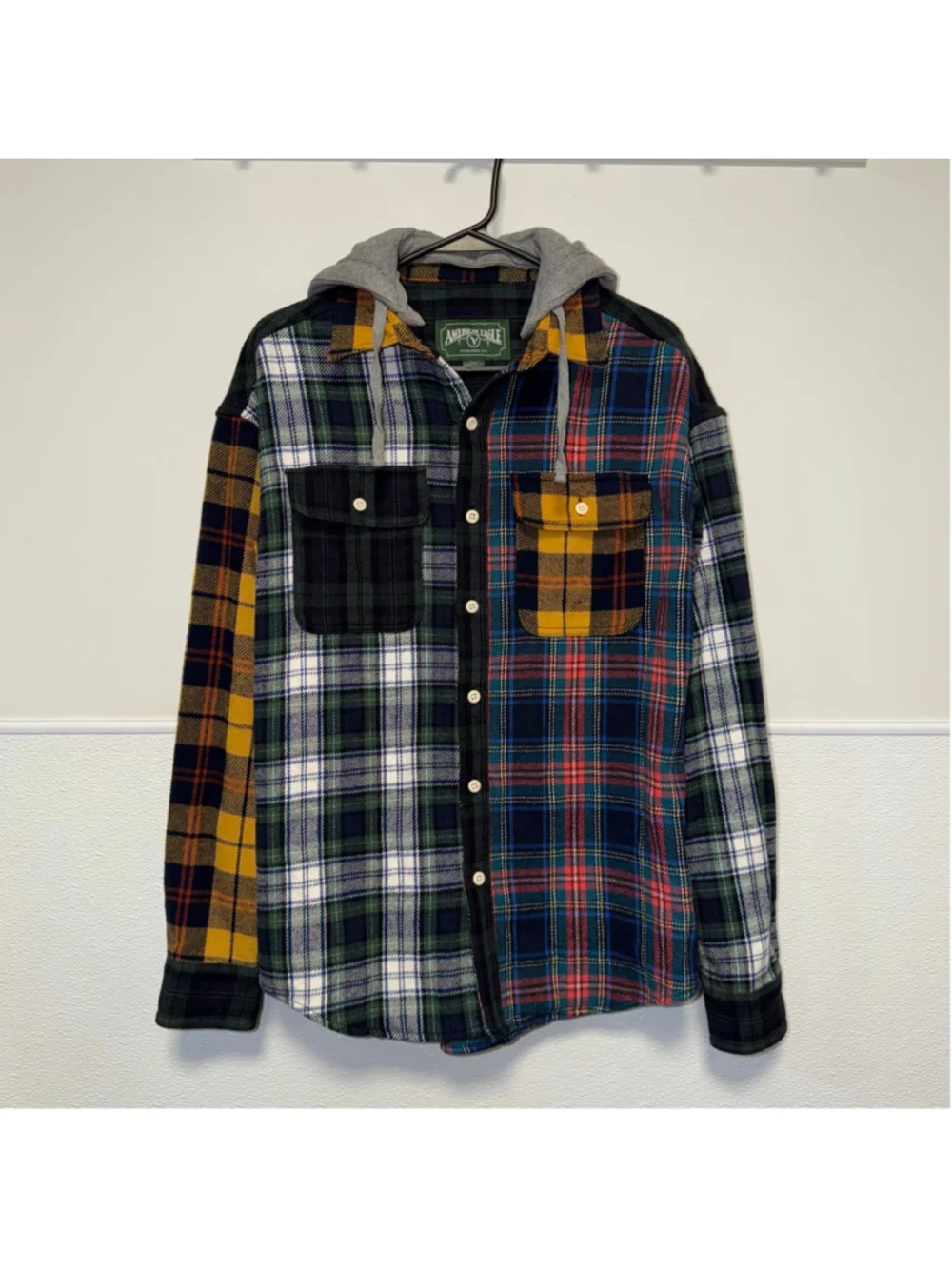 Mens American Eagle AEO Multi-color plaid Casual Shirt removable hood S Small